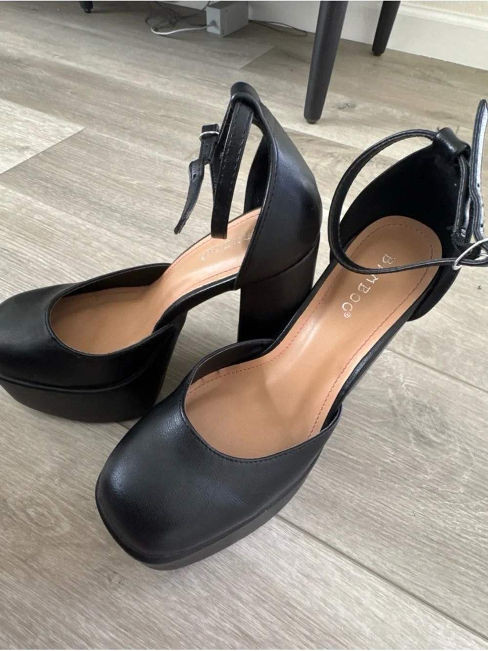 BAMBOO Black Platform Block Heel Ankle Strap Pumps